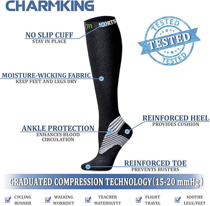 CHARMKING Compression Socks for Women & Men Circulation (8 Pairs) 15-20 mmHg is Best Support for Athletic Running,Hiking