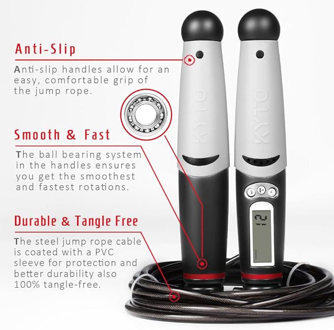KYTO Smart Jump Rope, High Speed Jump Rope with Counter, Workout Jumping Rope with Steel Ball Bearings, Adjustable Length Speed Skipping Rope, Skipping Rope with App, Fitness Gifts for Adults, Kids