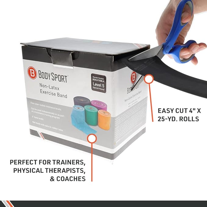 Body Sport Exercise Band, 25 yd. x 4 in. Roll - Home & Gym Fitness Equipment for Stretching, Strength Training & Physical Therapy