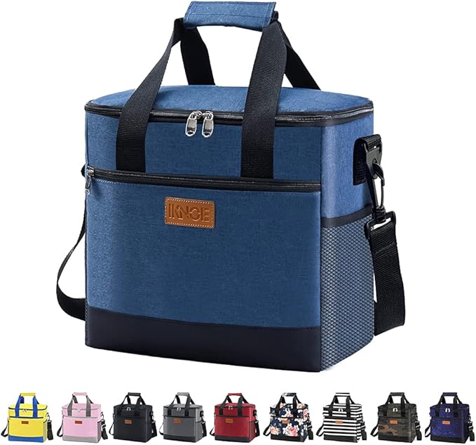 iknoe Large Cooler Bag Collapsible, 15L Insulated Bags, Leakproof Lunch Cooler Tote with Multi-Pockets for Adult, Insulated Lunch Box for Beach, Picnic,Work, Blue 24-Can