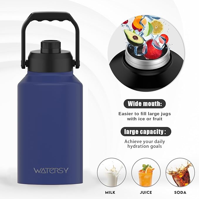 2/3 Gallon Water Bottle Insulated(Cold for 48 Hrs),BPA Free&Leak Proof,87oz Stainless Steel Water Jug/Flask,Big thermo,Large Water Bottle with Handle for Gym,Hiking,Camping,Deep Blue