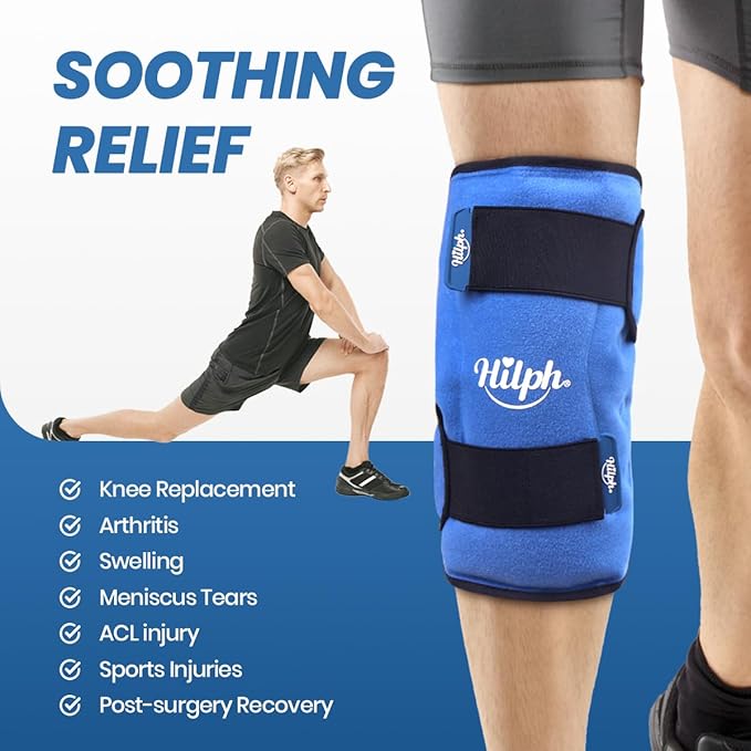 Hilph Knee Ice Pack for Replacement Surgery - Bendable & Adjustable Hot Cold Therapy Gel Ice Pack Wrap Around Entire Knee for Injuries, Swelling, Meniscus Tear, ACL, Easy to Wear, Blue
