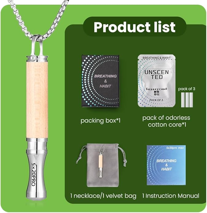 Breathing Necklace to Quit Smoking, Wood Breathing Necklace for Anxiety, Stress Relief, Stop Smoking, Includes Replaceable Unscented Cotton Filters