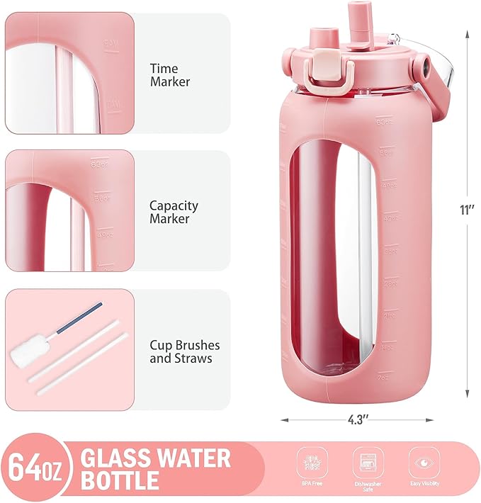 BLUEGO 64oz Glass Water Bottles with Straw Time Marker Half Gallon Large Motivational Water Bottle with Silicone Sleeve 2 Liter Large Glass Water Jug for Gym, Sports& Workout, Daily, Pink