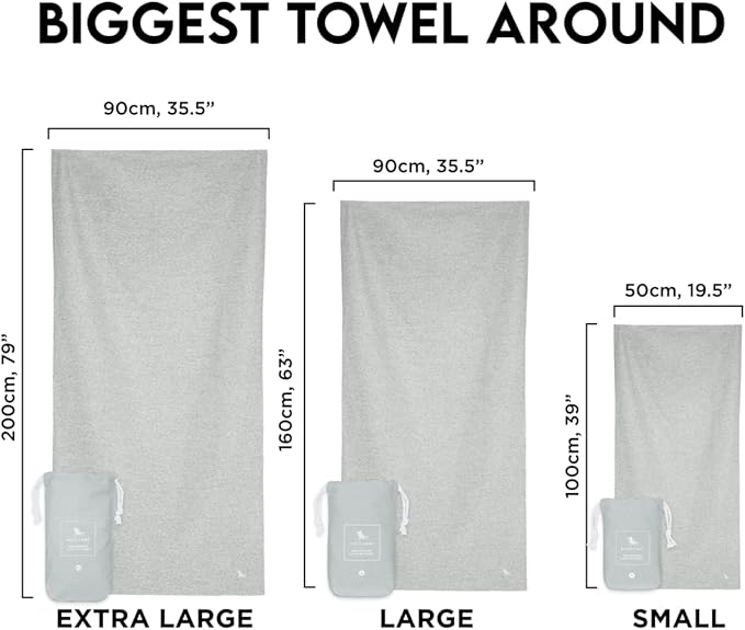 Dock & Bay Beach Towel - Quick Dry, Sand Free - Compact, Lightweight - 100% Recycled - Includes Bag - Essential - Mountain Grey - Extra Large (200x90cm, 78x35)