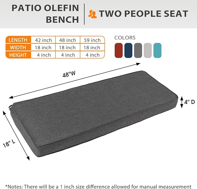 Sundale Outdoor Olefin Bench Cushion， Water-Resistant Patio Couch Cushion, Loveseat Sofa Pad with Straps Medium Gray, 48 x 18 x 4 Inches