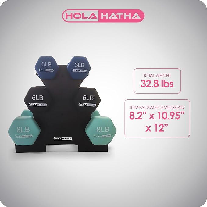 HolaHatha 2, 3, 5, 8, and 10 Pound Neoprene Dumbbell Free Hand Weight Set with Rack, Ideal for Home Exercises to Gain Tone and Definition, Pastel
