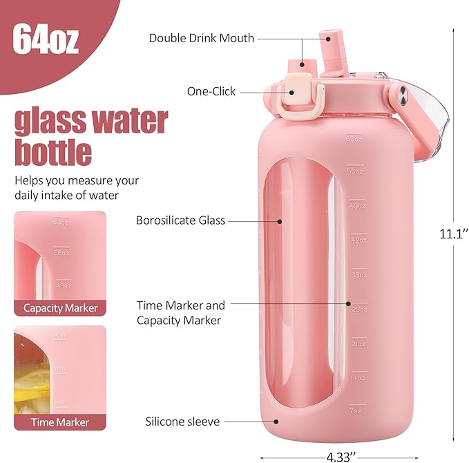 BLUEGO 64oz Glass Water Bottle with Handle and Straw, Motivational Sports Water Bottle with Time Marker and Silicone Sleeve Leakproof Drinking Bottle for Travel Gym Workout, Pink
