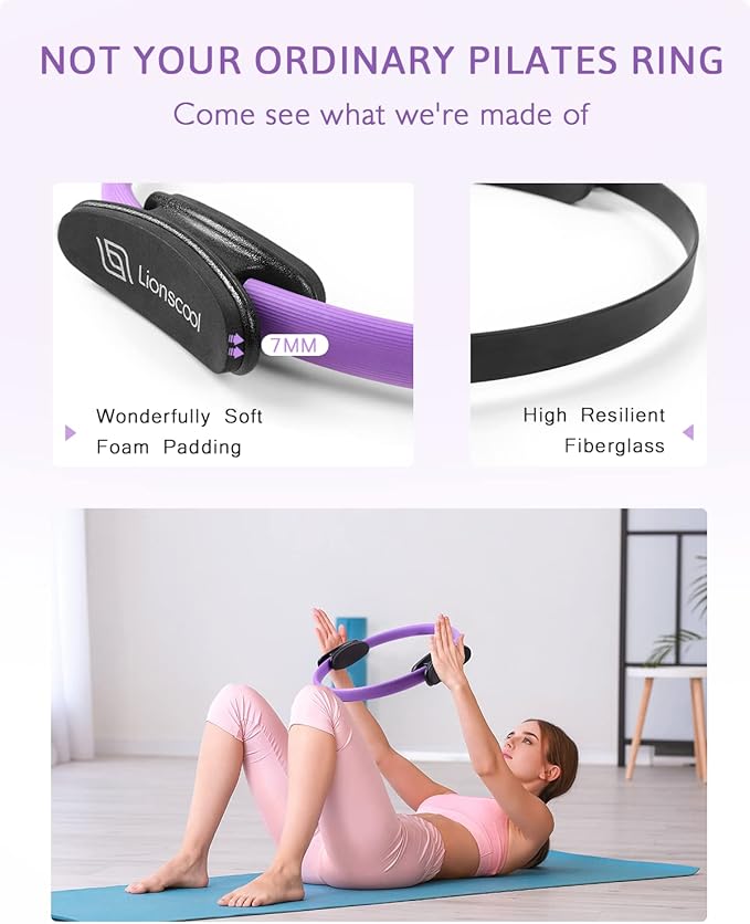 LIONSCOOL Pilates Ring Set – 14" Anti-Deformation Magic Circle with Padded Handles, Mini Ball, Resistance Bands, Guide & Bag