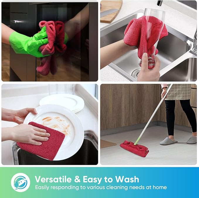 HOMEXCEL Red Microfiber Cleaning Cloth, 12 Pack Premium Microfiber Towels for Cars, Lint Free, Scratch-Free, Highly Absorbent, Reusable Cleaning Rags for Car, Household, Kitchen, Window, 11.5"X11.5"