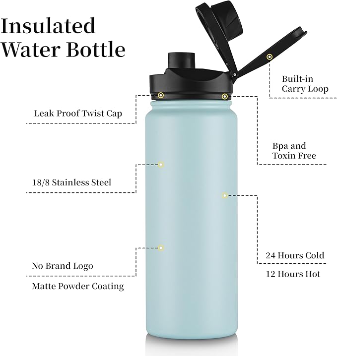 24 oz Insulated Water Bottle Bulk 8 Pack, Stainless Steel Sports Water Bottles with Straw Lid & Wide Mouth Lids, Double Walled Vacuum, Leak Proof, Turquoise Blue