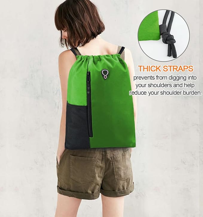 BeeGreen Bright Green Drawstring Backpack Gym Bag For Men & Women – Sports Sackpack with Mesh Water Bottle Holder & 2 Zippered Pockets – Large 16x20 Inch Cinch String Backpack