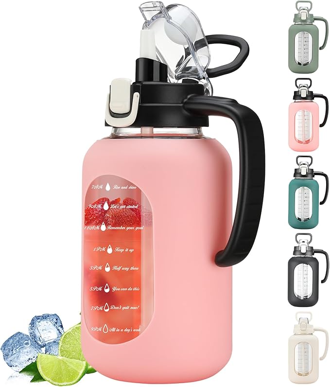 64 oz Glass Water Bottle with Straw and Handle Half Gallon Water Jug with Silicone Sleeve Large Water Bottle for Office, Gym, Outdoor Sports