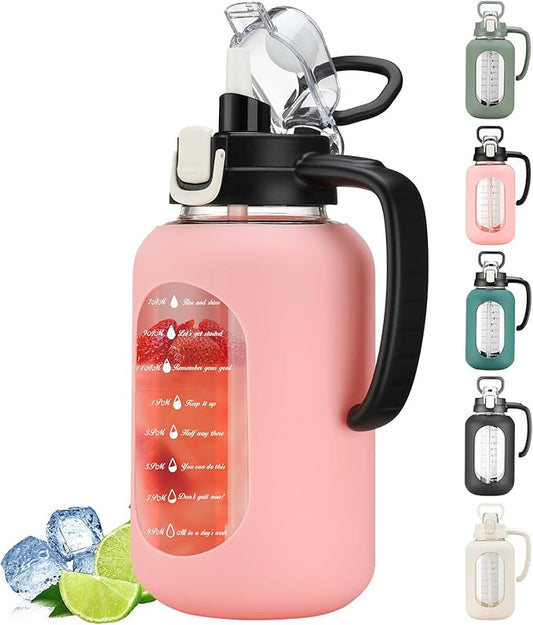 64 oz Glass Water Bottle with Straw and Handle Half Gallon Water Jug with Silicone Sleeve Large Water Bottle for Office, Gym, Outdoor Sports