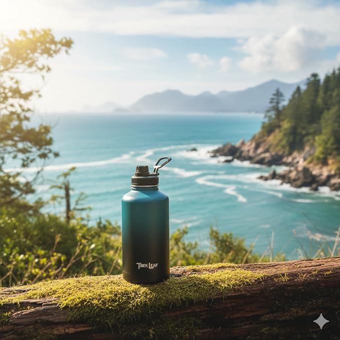 Travel Water Bottle with Carrying Bag, 3 Lids (Spout, Straw, Handle), and Bottle Brush; Leak Proof, Quality, Vacuum Insulated, Stainless Steel (Cascade Shadow, 64 oz)