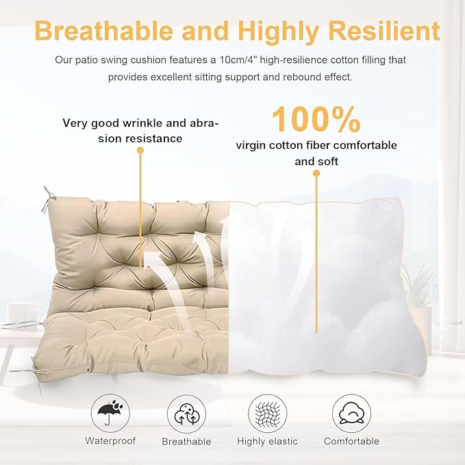 Porch Swing Cushion with Backrest,Waterproof Bench Cushion for Outdoor Furniture,2-3 Seater Replacement Thickened Swing Cushion with Ties,Patio,Outdoor,Backyard and Garden (Tropical Leaf,60x40")