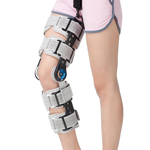 Hinged ROM Knee Brace, Post Op Knee Immobilizer with Side Stabilizers, Adjustable Knee Orthopedic Support After Surgery for Arthritis, ACL, MCL, and PCL Injury