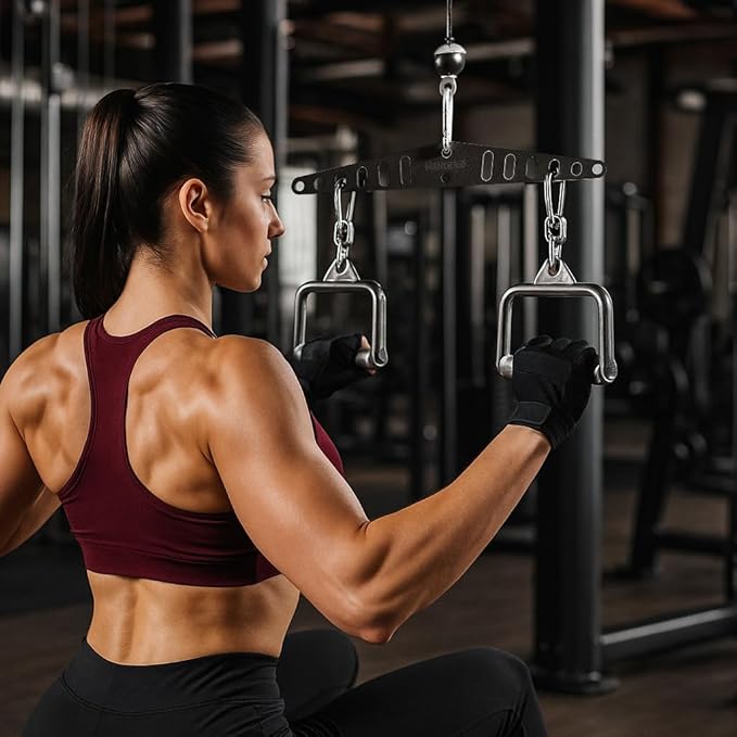 Multi-Grip LAT Pull Down Bar Hardened Powder-Coated Finish, 360° Rotating Stainless Steel Adapter, Neutral & Wide Grip Spreader Bar for Pulley System Gym & Cable Machines