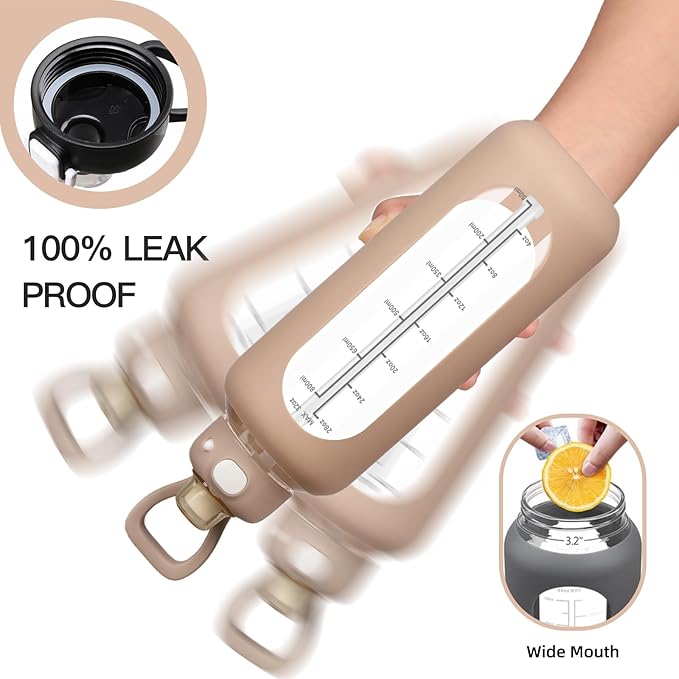 SIEROZUR 32 Glass Water Bottle with Straw and Handle Motivational Water Bottles with Silicone Sleeve and Time Marker Leakproof Borosilicate Water Bottle for Gym Home Office