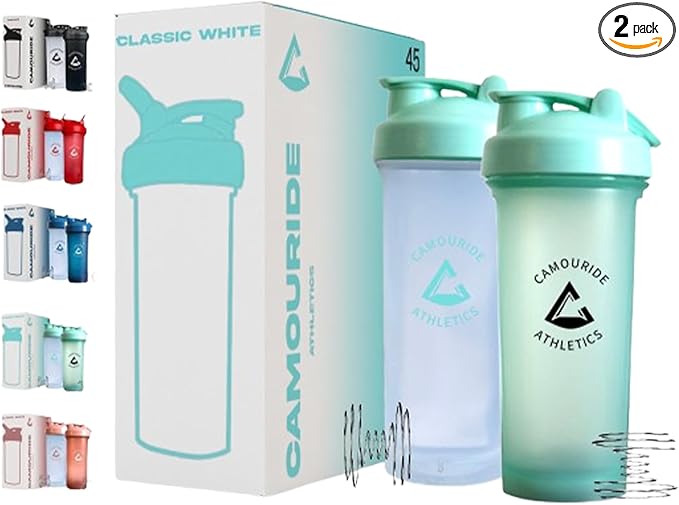 2 Pack 45 oz Protein Shaker Bottles with Wire Whisk – BPA-Free, Leak-Proof Shaker Cups for Protein Shakes & Smoothies – Large Plastic Mixer Bottle – Classic White Titan Turquoise