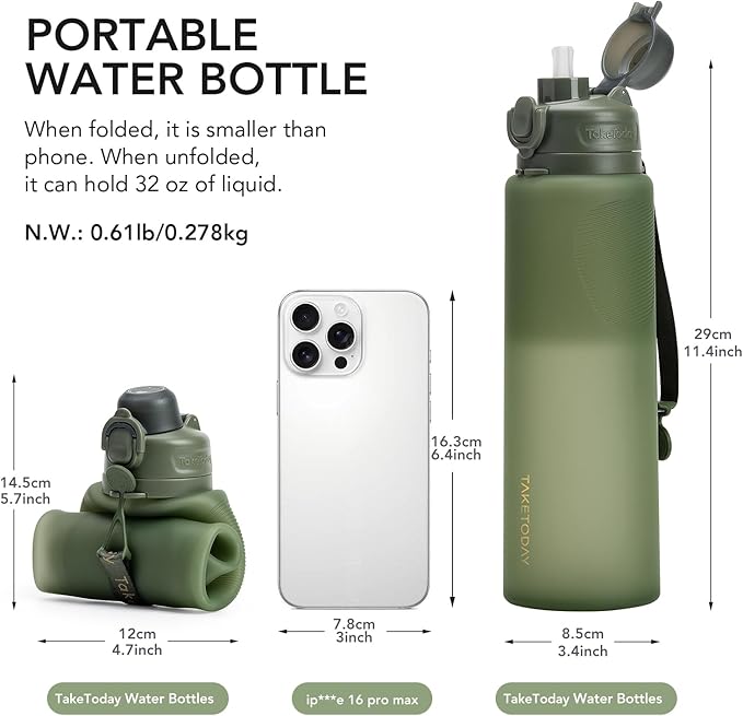 TakeToday Collapsible Water Bottles 32oz, Foldable Travel Water Bottle, BPA Free, Silicone Water Bottle Leakproof for Hiking, International Travel, Outdoors