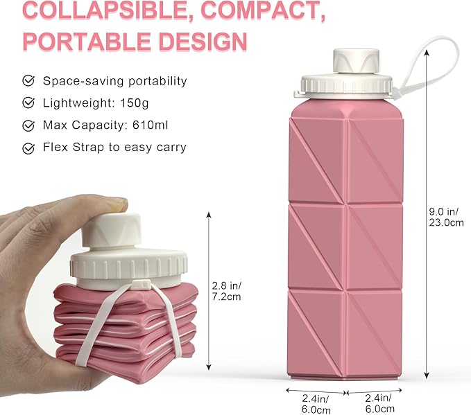 Collapsible Water Bottles 20.6oz 2 Pack, Silicone Foldable Portable Travel Water Bottle, Lightweight Reusable Leakproof for Travel Camping Hiking Cycling Yoga Sports Outdoor (Pink+Starlight)