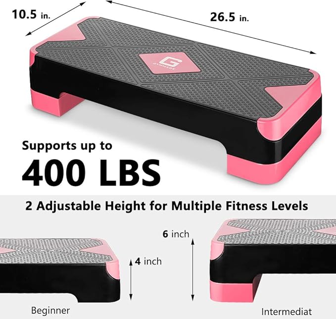 Adjustable Workout Aerobic Stepper, Aerobic Exercise Step Platform with 2 Risers, Exercise Step Deck for Fitness, 26.5" Trainer Stepper with Non-Slip Surface Home Gym & Extra Risers Options