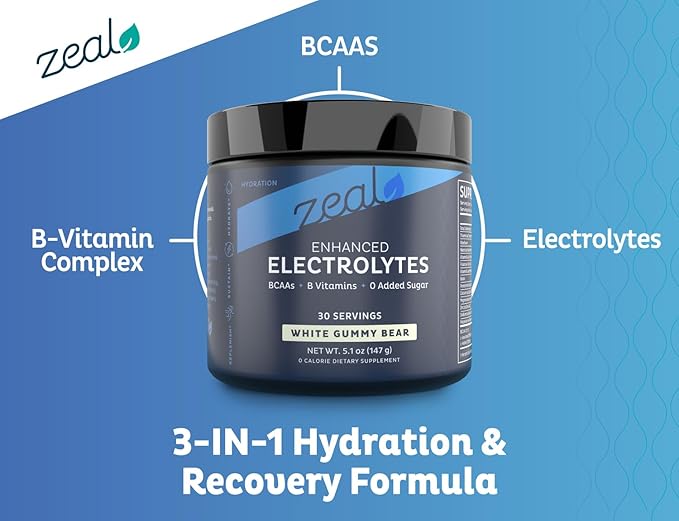 Zeal Electrolyte Powder Recovery Drink (30 Servings | White Gummy Bear) w 0 Sugar +BCAAs +B-Vitamins Electrolyte Supplement w Potassium Zinc & Magnesium for Hydration - Keto Electrolytes