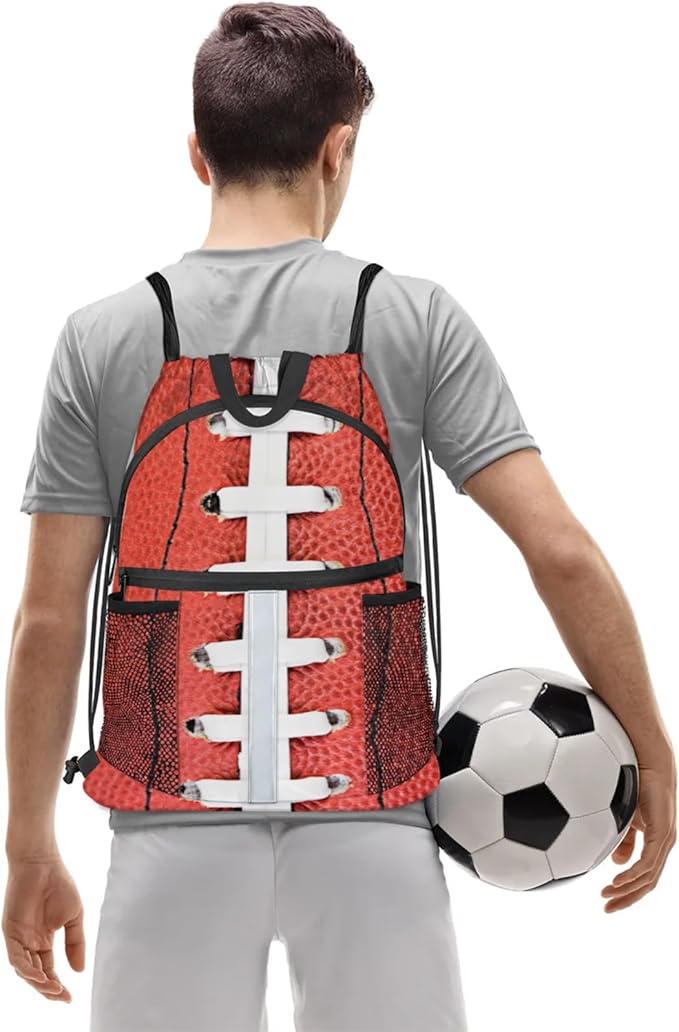 Football Laces Drawstring Backpack,Waterproof Sports Gym Bag with Shoes Compartment and Bottle Holder,Travel Tote Bags for Beach,Swimming,Yoga Gifts