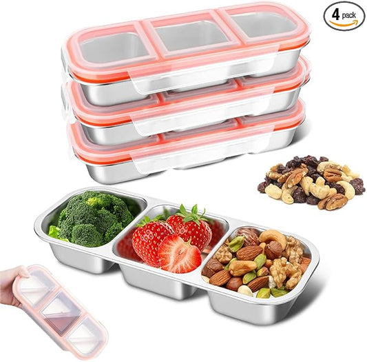 4 Pack Stainless Steel Snack Containers, 3 Compartment Food Container, Compartment Food Storage Box with Lids, Stackable Leakproof Divided Lunch Containers for Kids, Adults for School, Work, Travel