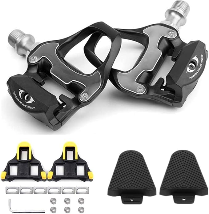 Bike Pedals Road Bike Pedals Ultralight Pedals Compatible with Shimano SPD-SL + Cleat Set + Cleat Covers, 3 in 1