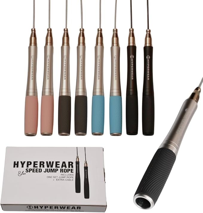 Hyperwear Adjustable Speed Jump Rope - Patented Self-Locking Head, Aluminum Hangles with Knurled Silicone Grips and Bonus Wire Rope for CrossFit, Boxing, and Fitness Training