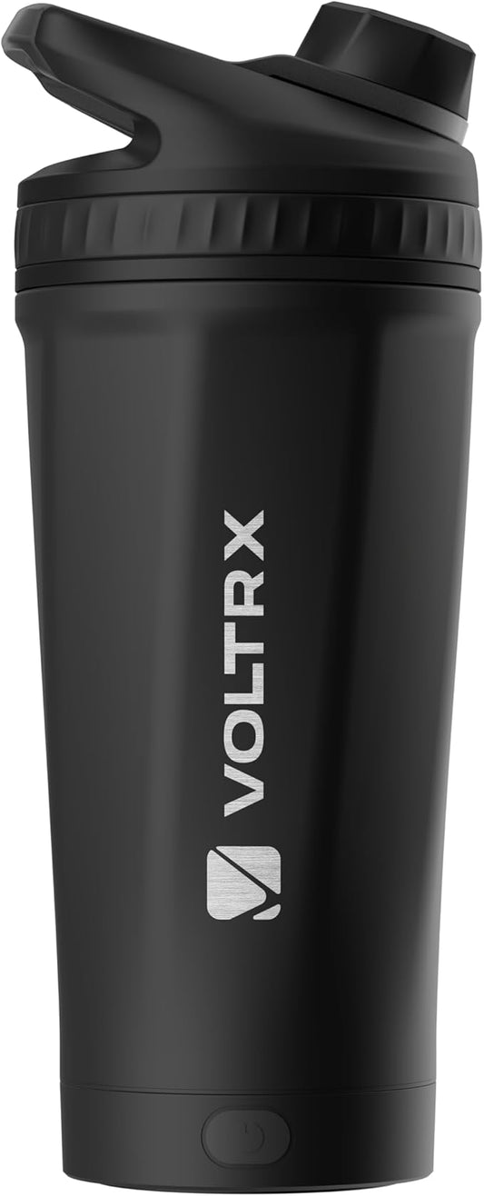VOLTRX ChillMix Shaker Bottle Insulated Stainless Steel - USB C Rechargeable Electric Protein Shake Mixer, Shaker Cups for Protein Shakes and MealReplacement, Chrome Steel (Obsidian Black)