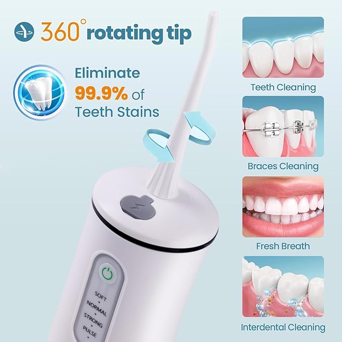 Cordless Water Flosser for Teeth Cleaning Pick - Electric Dental Irrigator with 4 Cleaning Modes & 8 Jet Tips, IPX7 Waterproof, Portable Rechargeable Design for Home & Travel Use,White