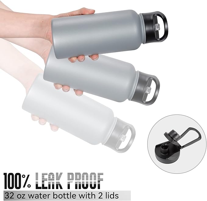 32 oz Insulated Water Bottle Bulk 8 Pack, Stainless Steel Sports Water Bottles with Straw Lid & Wide Mouth Lids, Double Walled Vacuum, Leak Proof, Gray