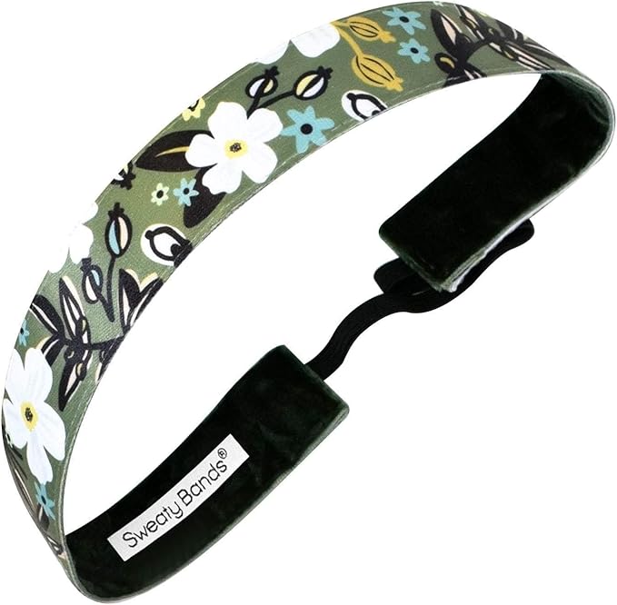 Sweaty Bands Womens Girls Headband - Non-Slip Velvet-Lined Floral Hairband - Bloominous Olive 1-Inch