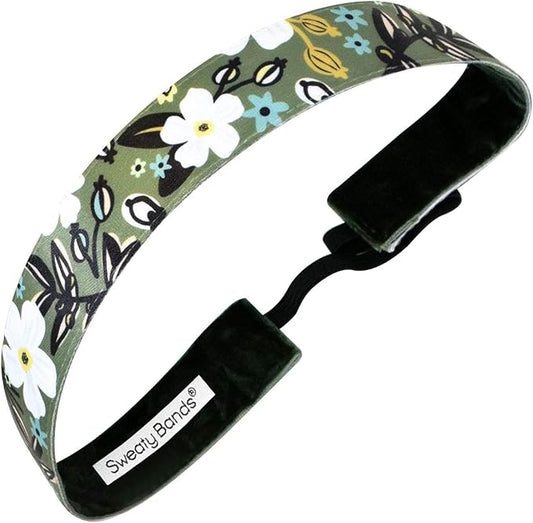 Sweaty Bands Womens Girls Headband - Non-Slip Velvet-Lined Floral Hairband - Bloominous Olive 1-Inch