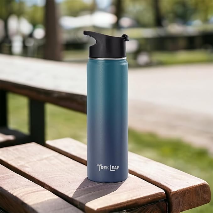 Travel Water Bottle with 3 Lids (Spout, Straw, Flip) Leak Proof, Quality, Vacuum Insulated, Stainless Steel (Deep Water, 22 oz)