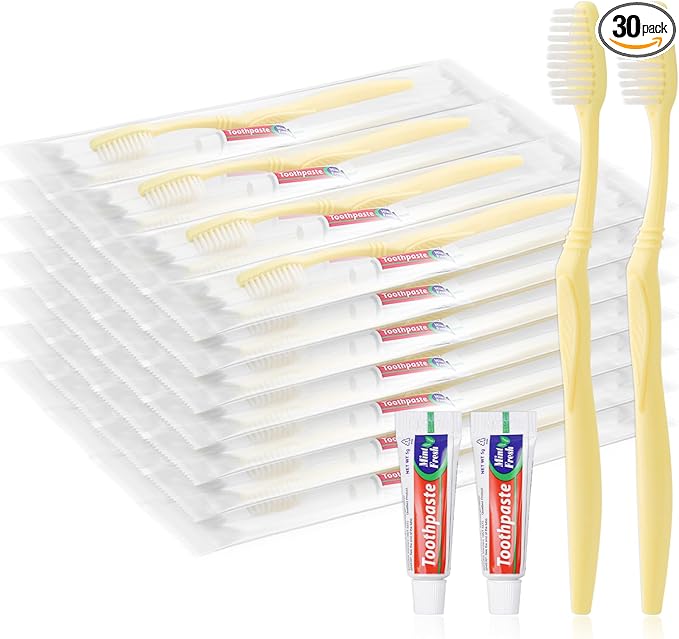 Disposable Toothbrush with Toothpaste Set, Individually Wrapped Soft Bristles Travel Size Manual Toothbrushes Kit in Bulk for Hotel/Travel/ Business/Donation/Homeless/Charity/Camping (30 Pack)