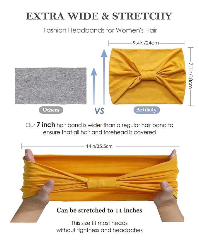 Artilady 7'' Wide Headbands for Women Elastic Head bands Non Slip Soft Stretchy Extra Large Boho Turban Headwraps Sport Workout Running Hair Accessories for Girls