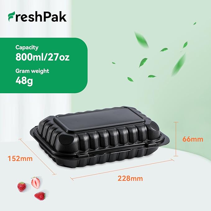 FRESHPAK Plastic Containers Mineral Filled PP - 50 Pack 9x6 27 oz Shrink Wrap BPA Free | Stackable Meal Prep Clamshell Food Container | Reusable Microwave Safe Leftovers Takeout | Catering To Go Box