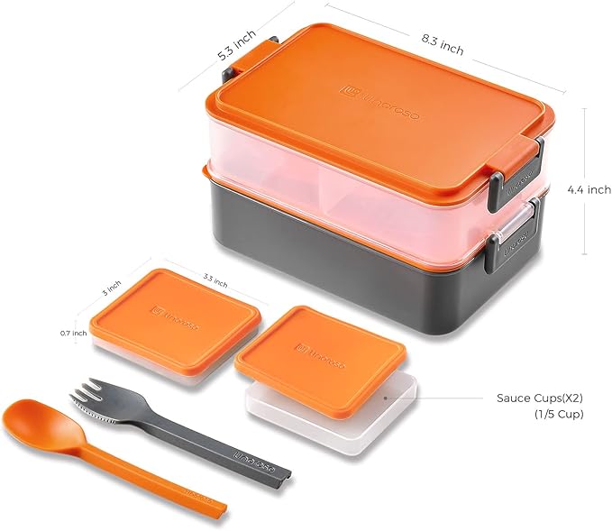 Linoroso Stackable Bento Lunch Box | Meet All Your On-the-Go Food, Salad and Snack Needs, Premium Adult Lunch Box Includes Utensil Set, Dressing Containers - Lava Orange