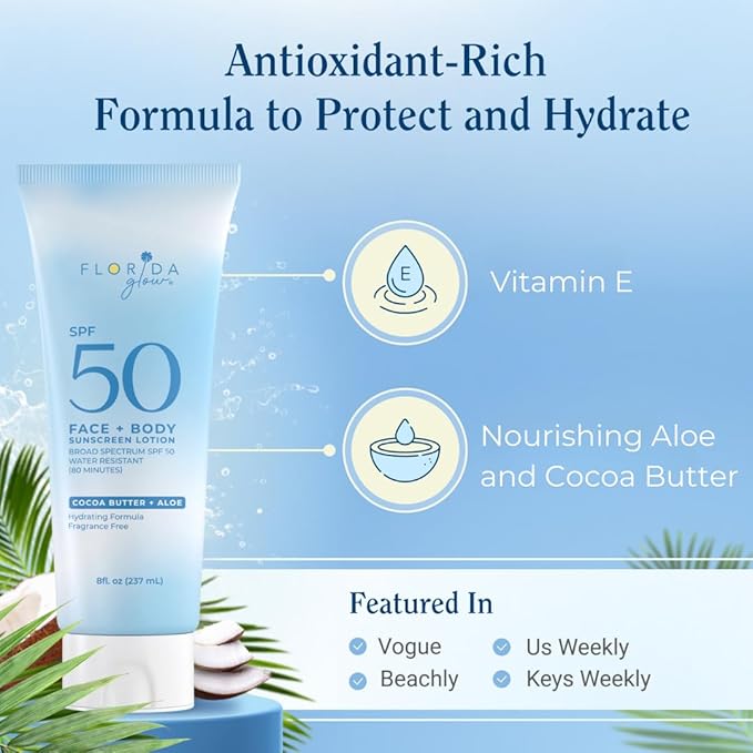 Florida Glow Water Based Sunscreen Lotion SPF 50, 8 OZ Pack of 1 - Florida keys and Hawaii act 104 reef compliant (oxybenzone and octinoxate free)- great for Kids and sports