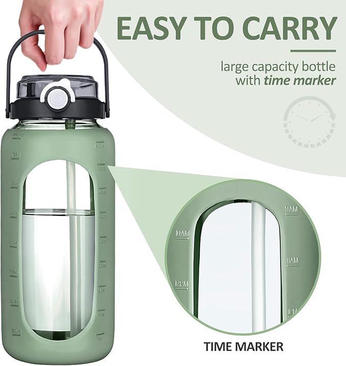 BLUEGO 64oz Glass Water Bottles with Straw Time Marker Half Gallon Large Motivational Water Bottle with Silicone Sleeve 2 Liter Large Glass Water Jug for Gym, Sports& Workout, Daily, Olive