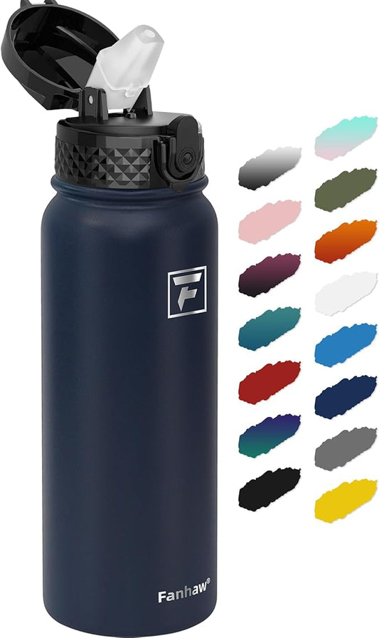 Fanhaw 20 Oz Stainless Steel Insulated Sports Water Bottles with Straw for Kids, Men and Women (Navy Blue)