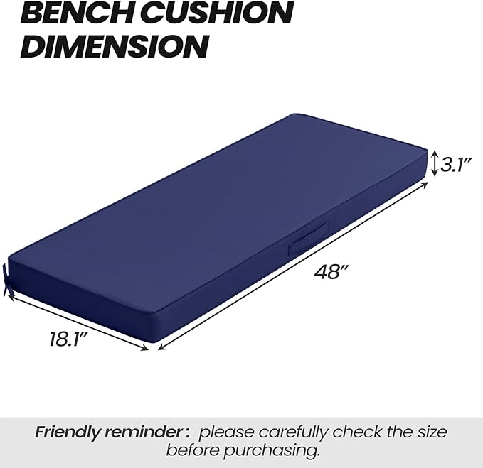 Crestlive Outdoor Bench Cushion 48 x 18 Inch, Waterproof Patio Furniture Cushions, Fade-Resistant Porch Swing Replacement Pad, Adjustable Straps and Handle, Navy