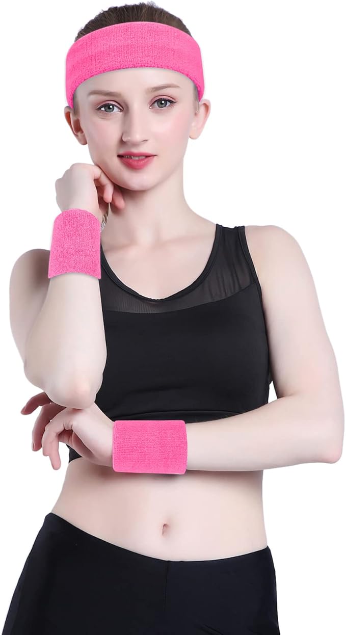 ONUPGO 6 Pieces Sweatbands Set - Sports Headbands Wristbands for Men & Women,Cotton Terry Cloth Sweatband for Tennis,Basketball,Gym,Working Out - Moisture Wicking Elasticity