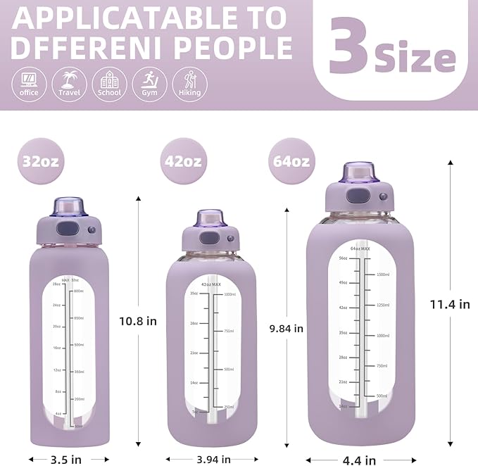 SIEROZUR 42 oz Glass Water Bottle with Straw and Handle, Large Sports Motivational Water Bottle Flask with Time Marker Leakproof Water Jug with Silicone Sleeve for Gym