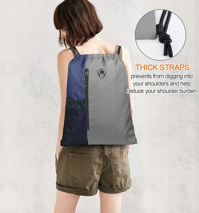 BeeGreen Grey Drawstring Backpack Sports Gym Bag For Women Men Large Draw String Bags Pack With Zipper and Water Bottle Mesh Pockets Workout Bag