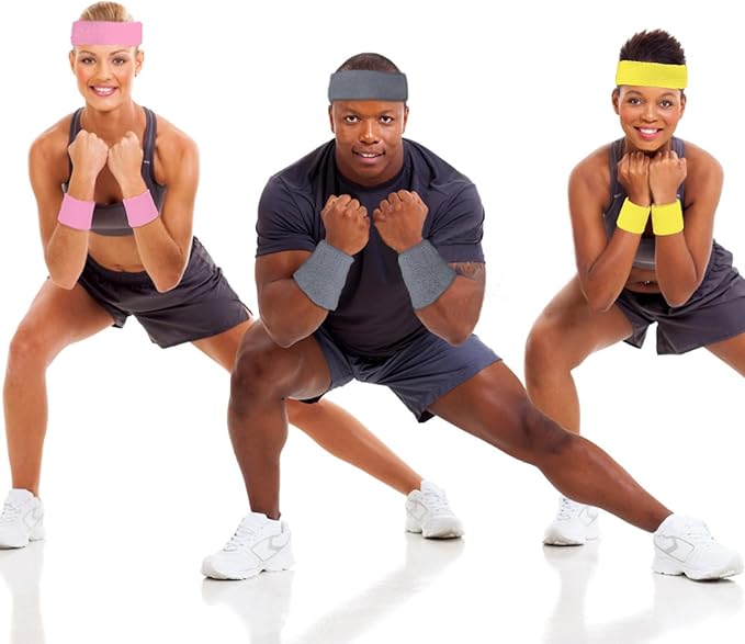 24 Pcs Neon Sweatbands Set Include 8 Pcs Sports Headband and 16 Pcs Cotton Wristbands 80s Neon Sweat Bands Bulk for Gym, Tennis, Basketball, Running, Exercise